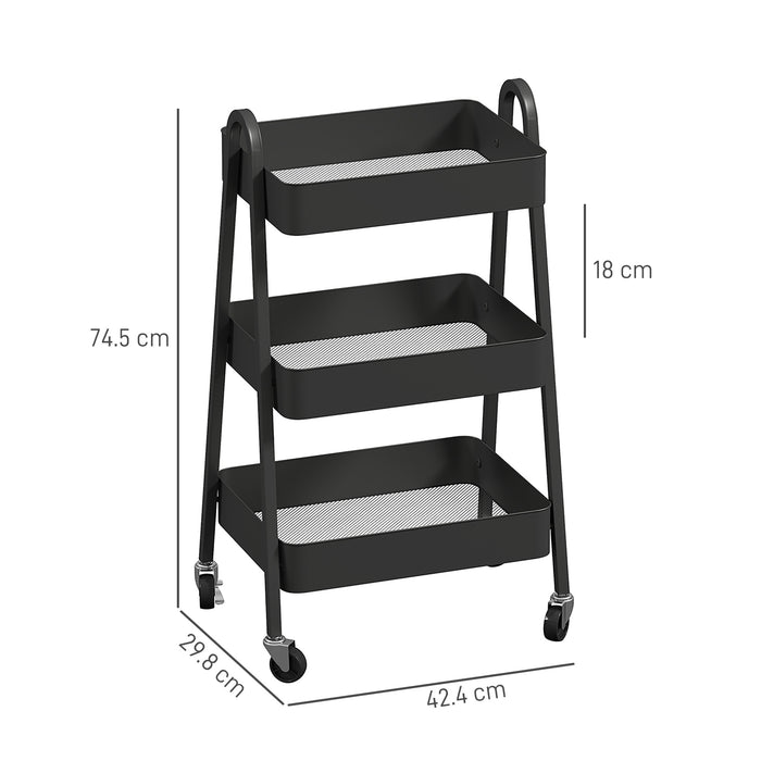 HOMCOM 3-Tier Storage Trolley on Wheels - Black