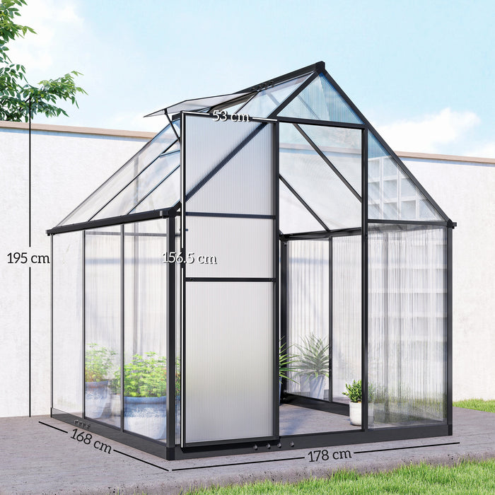 Outsunny Polycarbonate Greenhouse with Swing Door and Adjustable Window, Walk-in Greenhouse with Rain Gutter, 5.5 x 6ft, Black
