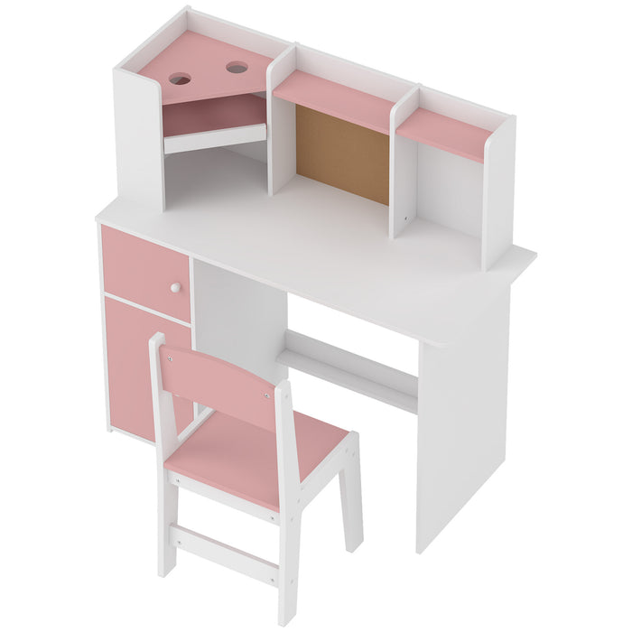 AIYAPLAY Kids Desk and Chair Set Storage Shelves Kids Desk Adjustable Tablet Stand Cork Board Pen Holder Pink