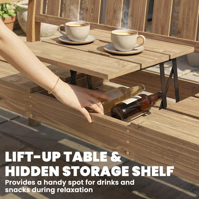 Outsunny Wooden Garden Bench with Liftable Table & Shelf, 2-3-Seater Outdoor Loveseat with Fir Wood Frame, Teak