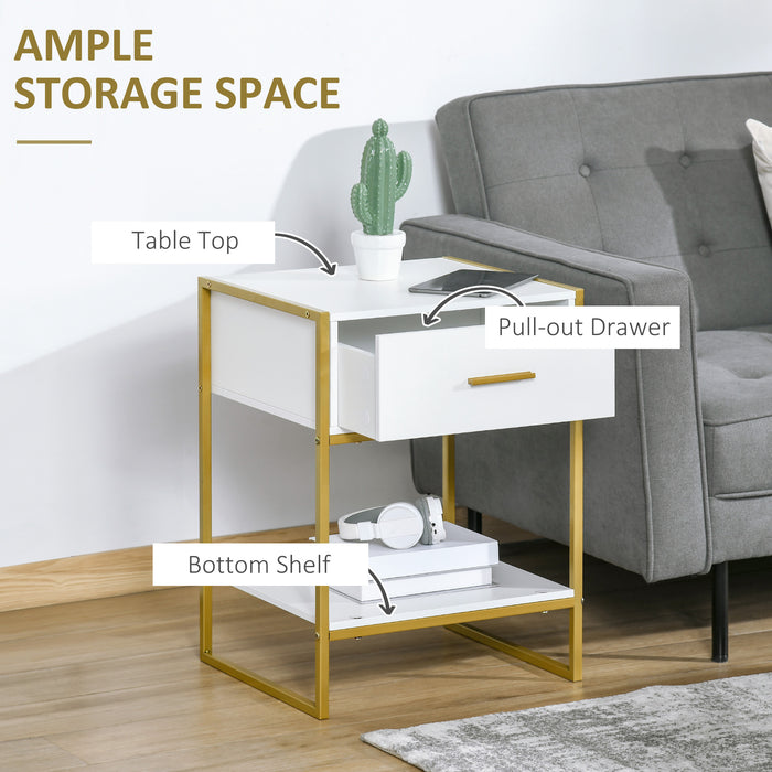 HOMCOM Bedside Table Set of 2, Modern Side Tables with Drawer and Shelf, Nightstands for Bedroom, White