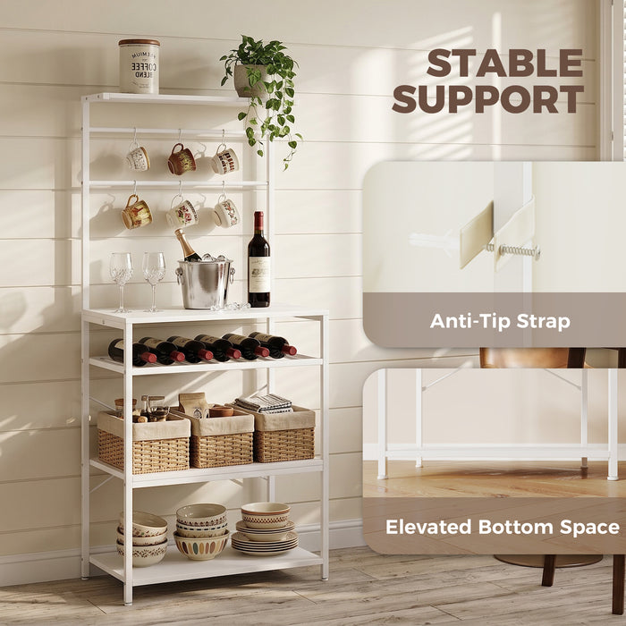 HOMCOM Freestanding Shelving Unit, Industrial Storage Shelf with 6 Hooks and Wine Rack for Living Room, Home Office, White