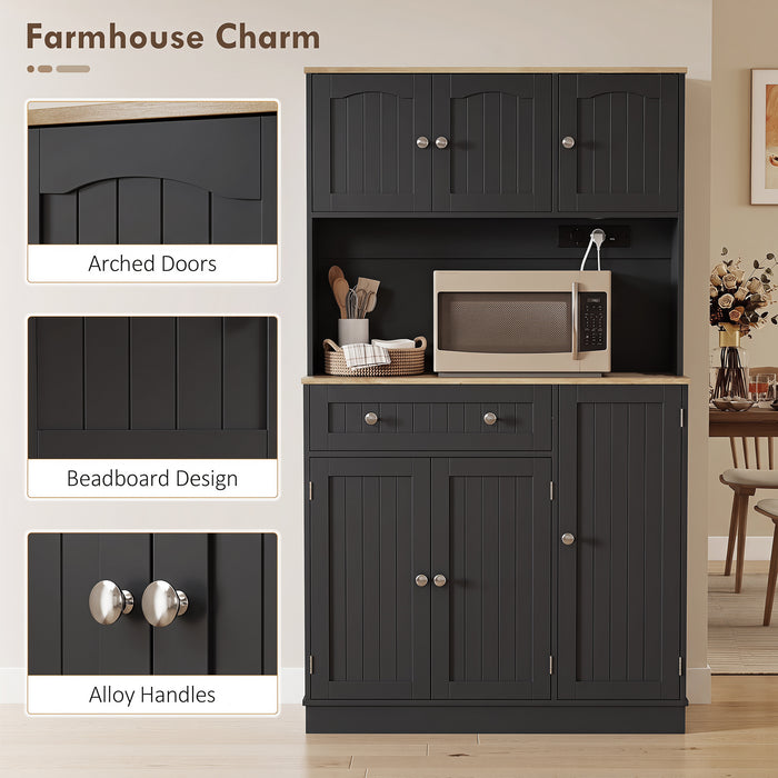 HOMCOM 173 cm Tall Kitchen Cupboard with Charging Station, Pantry Storage Cabinet with Adjustable Shelves and 4 Door Racks