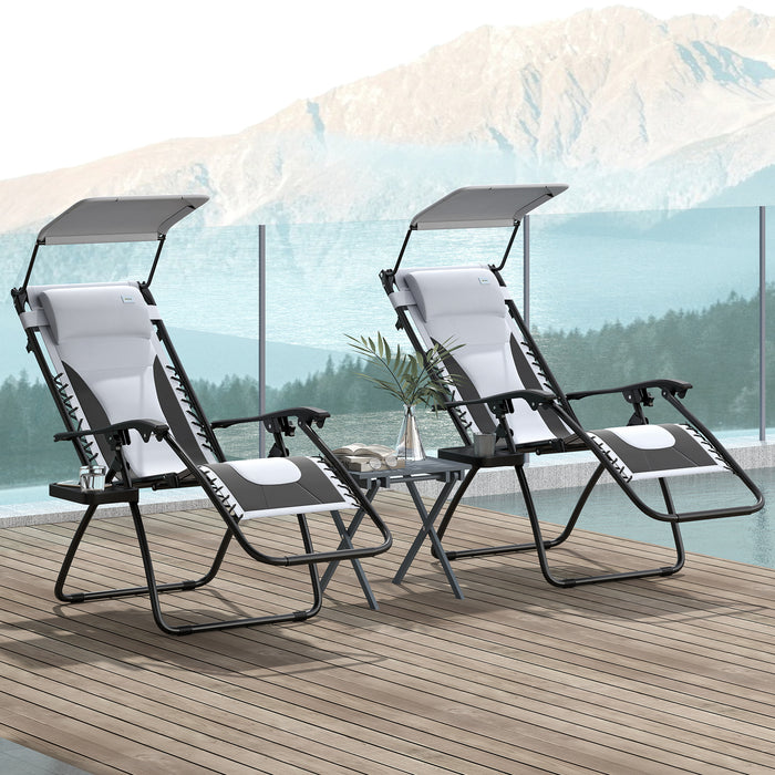 Outsunny Zero Gravity Lounger Chair Set of 2, Folding Reclining Patio Chair with Shade Cover, Cup Holder, Soft Cushion and Headrest for Poolside, Camping, Light Grey