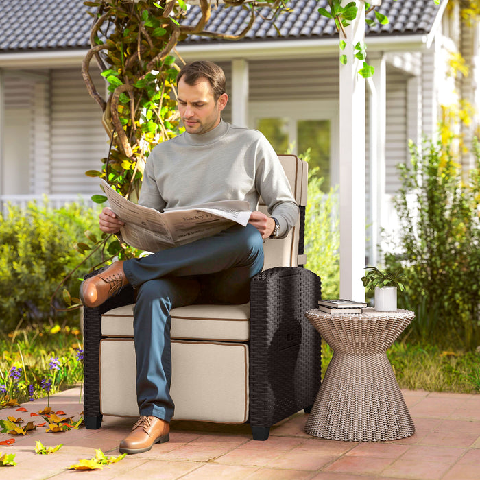 Outsunny Rattan Garden Recliner Chair, Adjustable Backrest Reclining Rattan Chair with Flip Table, Cushion and Footrest, Indoor Outdoor Lounge Reclining Sun Lounger for Patio, Dark Brown/Khaki