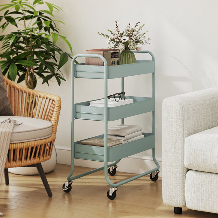 HOMCOM 3-Tier Storage Trolley on Wheels, Rolling Utility Cart with Mesh Backets for Kitchen, Bathroom, Bedroom, Light Green
