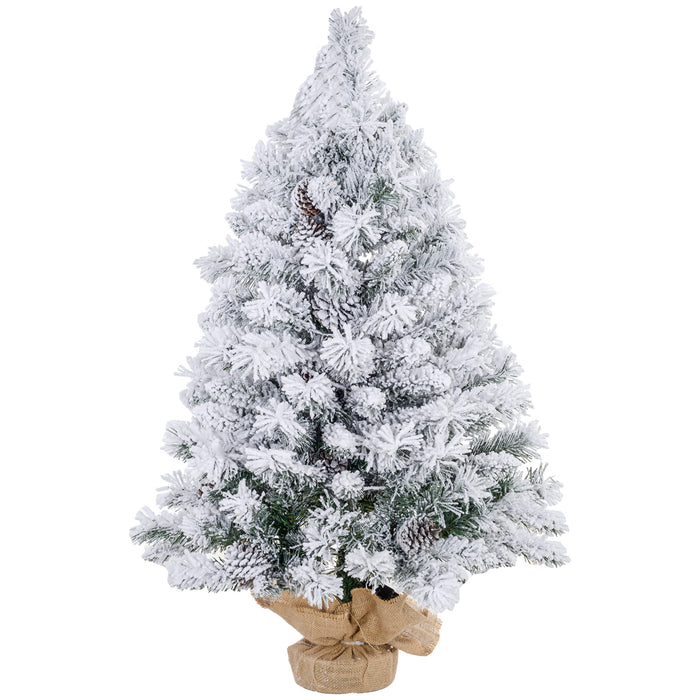 HOMCOM 3ft Prelit Artificial Christmas Tree with Warm White LED Light and 133 Tips, Concrete Base, Flocked Xmas Tree with Pine Cones, Green