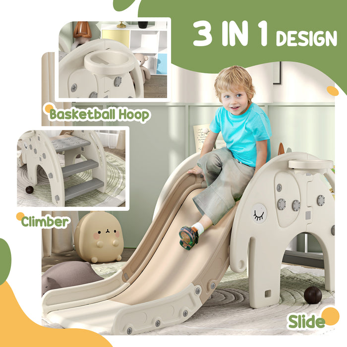 Toddler 3-in-1 Play Structure - Slide, Basketball Hoop, Climber in Elephant Theme, Cream White - Fun Activity Center for Ages 1-3 Years