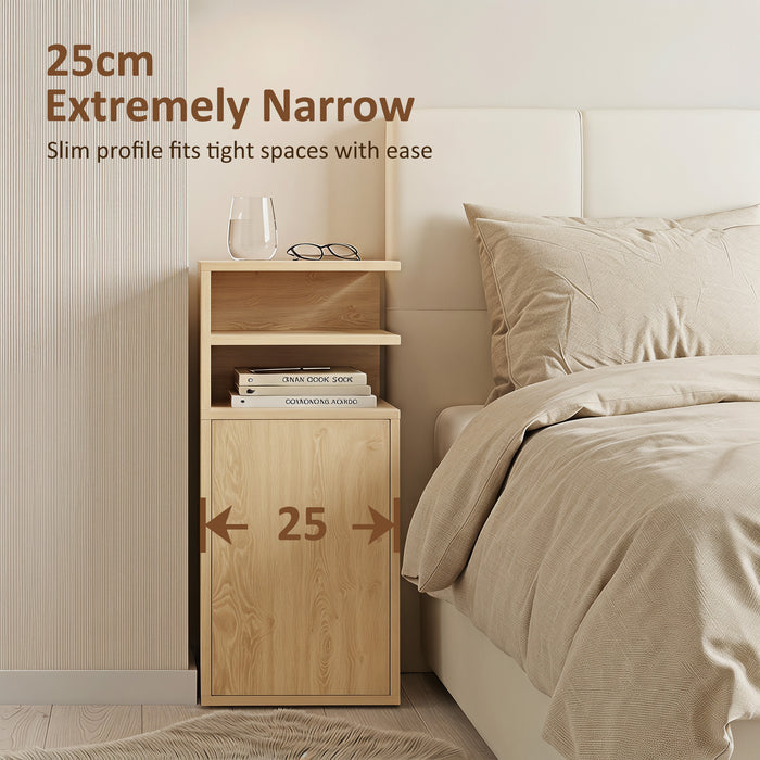 HOMCOM Slim Bedside Table Set of 2, Narrow Bedside Cabinet with Open Cubbies and Cupboard for Bedroom Living Room, Oak