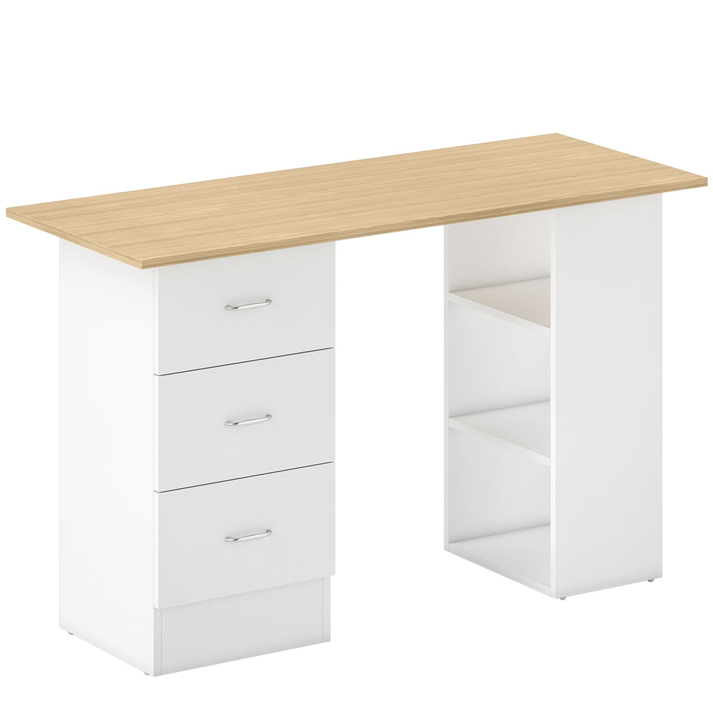 HOMCOM Computer Desk, Writing Table, PC Workstation with 3 Storage Shelves and Drawers, Silver Handle, for Home Office, Natural Wood Finish and White