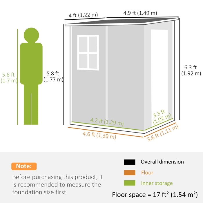 Outsunny 4'x5' Garden Storage Shed, Lean to Shed, Lockable Garden Shed with Window, Vent and Plastic Roof, Wood-Effect