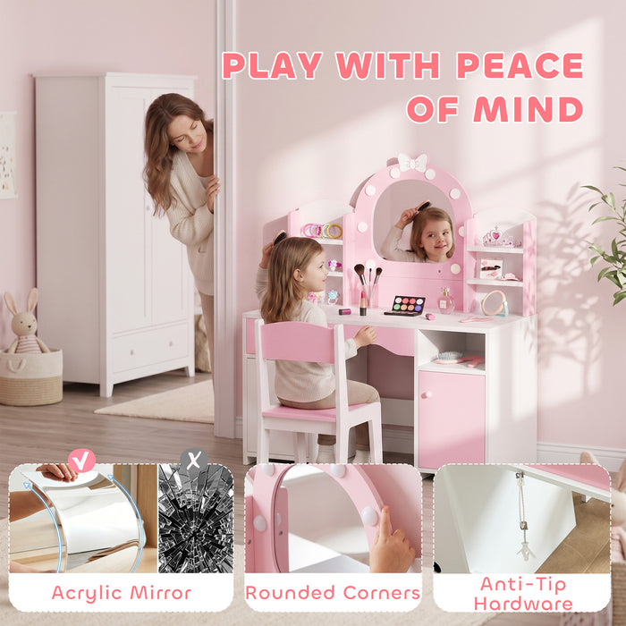 AIYAPLAY Kids Vanity Set, Girls Dressing Table with Stool, 2-Colour Lights Mirror, Cabinet, Drawer and Shelves, Pink
