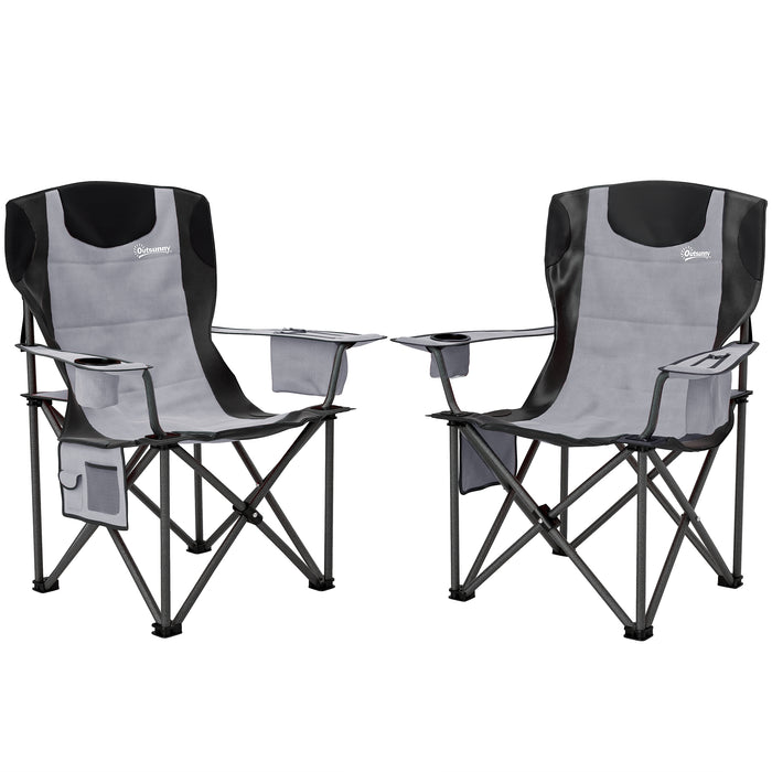 Outsunny Set of 2 Folding Camping Chairs, Padded Camping Chairs with Adjustable Armrests, Portable & Lightweight Folding Camp Chair with Cooler Bag, Cup Holder and Side Pockets, Grey