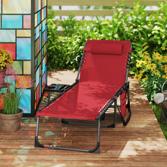 Outsunny Folding Sun Lounger with Side Table, 5-Level Adjustable Reclining Sun Lounger Chair, Portable Garden Recliner Sunbed with Side Pocket, Head Pillow for Patio, Beach, Red