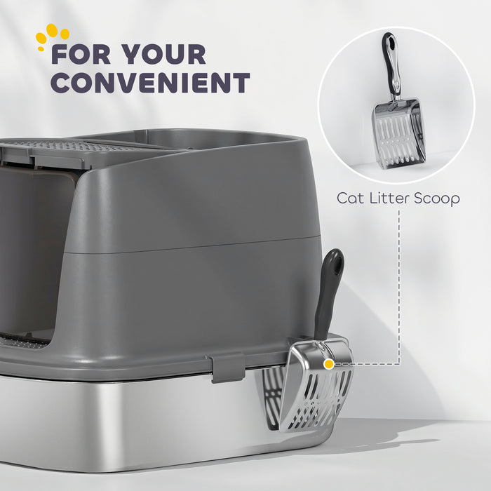 PawHut Large Stainless Steel Litter Box, Enclosed Metal Cat Litter Tray with Scoop, Deodoriser Bag, Front-Entry and Top-Exit