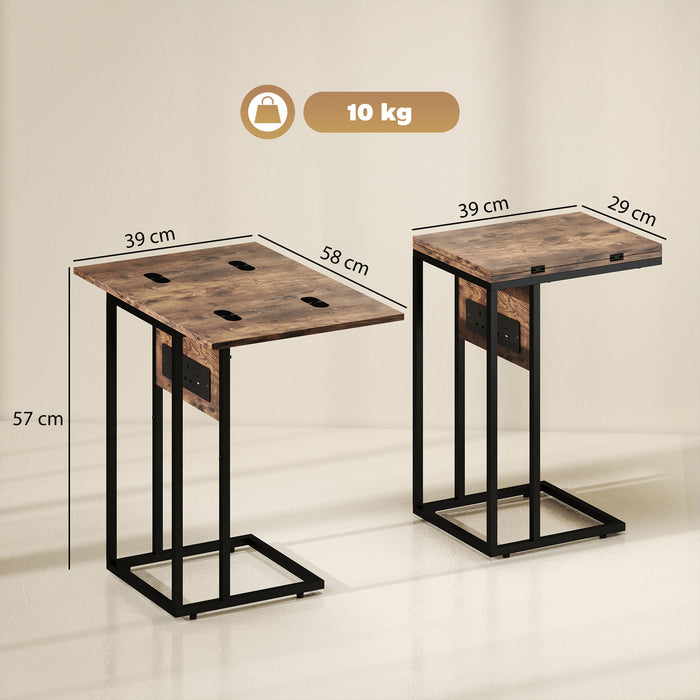 HOMCOM C Shaped Side Table with Charging Station and Foldable Top - Rustic Brown