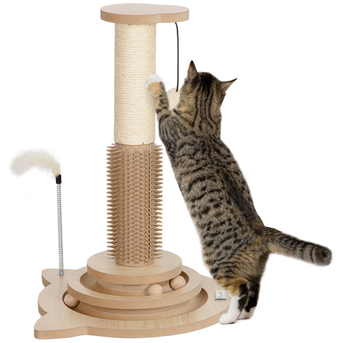 PawHut 49cm 5 in 1 Cat Scratching Post with Sisal Post, Track Ball Toy, Self Grooming Brush, Hanging Toy Ball, Feather, Oak | Aosom UK