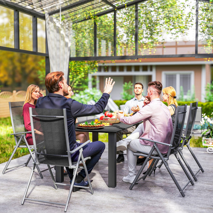 Outsunny Garden Table with Parasol Hole for 6 Person, Rectangle Outdoor Dining Table with Slatted Metal Tabletop, Steel Frame for Patio, Balcony, 150 x 90 x 73 cm, Black