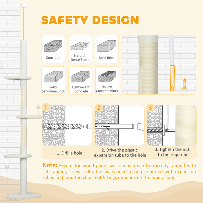 PawHut 225-255 cm Adjustable Cat Climbing Tower with Sisal Scratching Posts, 2 Hanging Play Balls and Anti-Tip Strap, Beige