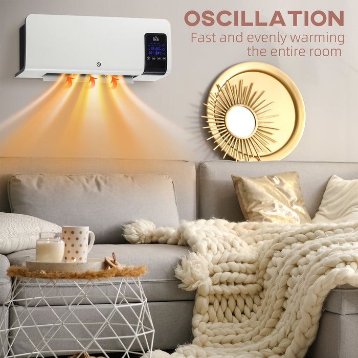 HOMCOM Electric Heater, 2000W Wall Mounted Space Heater with Remote Control, 2 Modes, Timer, Oscillation, Overheat Protection, Ceramic Heater for Home, White