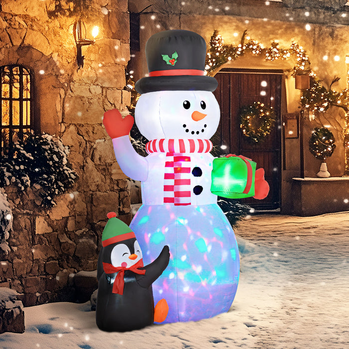 Outsunny 8FT Christmas Inflatable Snowman Holding Gift Box with Penguin, Christmas Blow Up Snowman with Rotating Colorful LED Light for Indoor, Outdoor, Party | Aosom UK