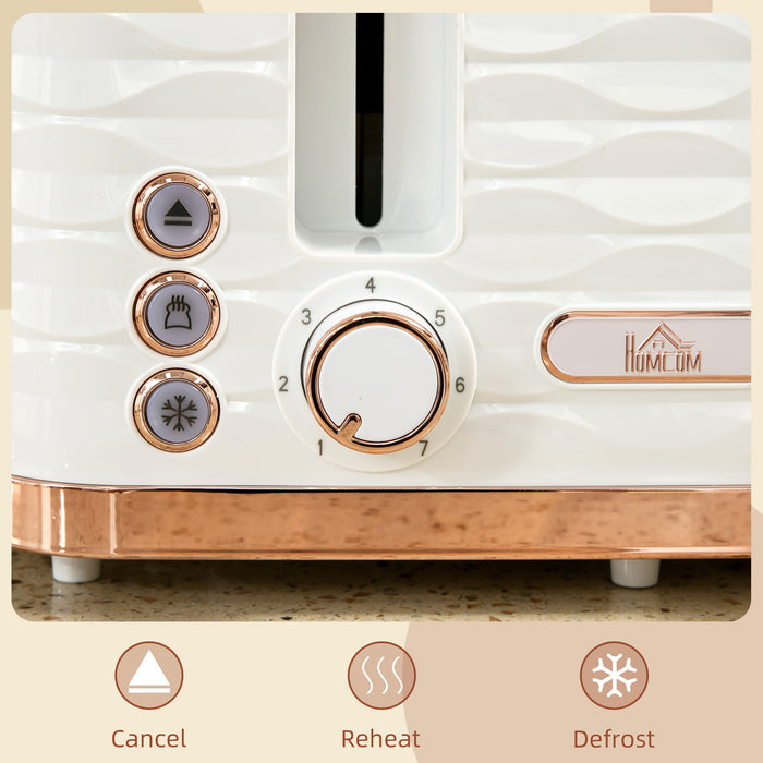 HOMCOM 4 Slice Toaster with 7 Browning Levels, High Lift, Reheat/Defrost/Cancel, Self-centring Function, Removable Crumb Tray, Auto Off, 1600W, Cream White Water Ripple Texture