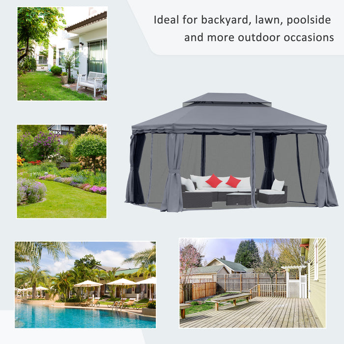 Outsunny 3 x 4m Aluminium Garden Gazebo, Marquee Canopy Shelter Pavilion Party Tent with Nets and Curtains for Garden and Deck, Dark Grey