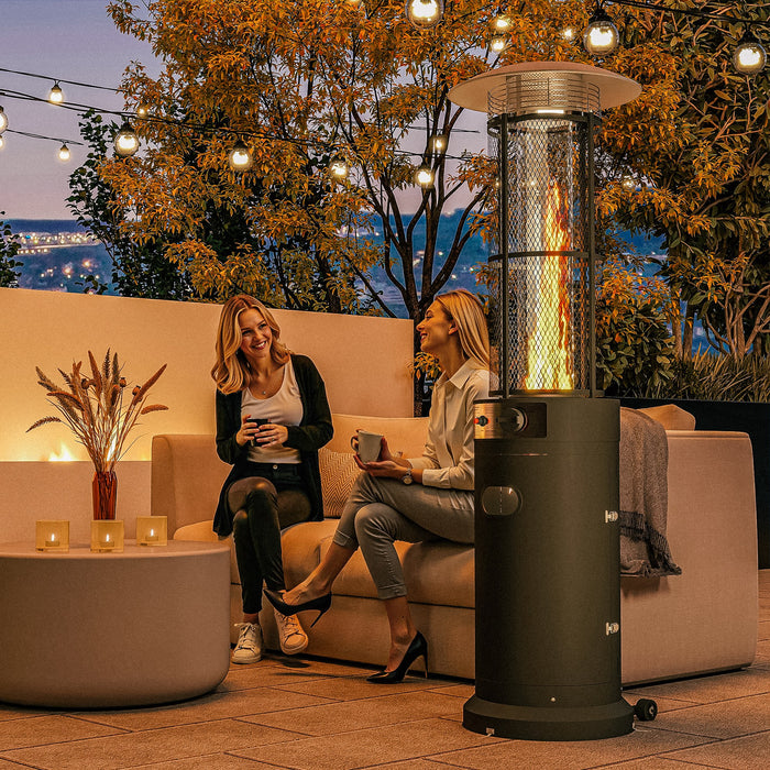 Outsunny 11 KW Freestanding Gas Patio Heater, Adjustable Outdoor Garden Propane Heater with Tip-Over Switch, Wheels, Pulse Ignition, Tank Room with Door, Black