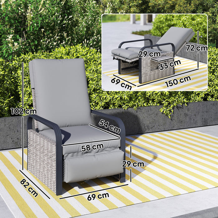 Outsunny Rattan Garden Recliner Chair, Reclining Rattan Chair with Adjustable Backrest and Footrest, Outdoor Lounge Sun Lounger with Cushion, Side Tray and Aluminium Armrests, Light Grey/Dark Grey