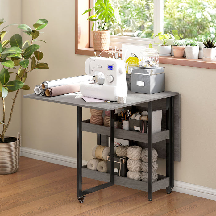 HOMCOM Industrial Folding Dining Table, Drop Leaf Table with Open Compartments for Small Spaces, Kitchen, Dining Room, Grey