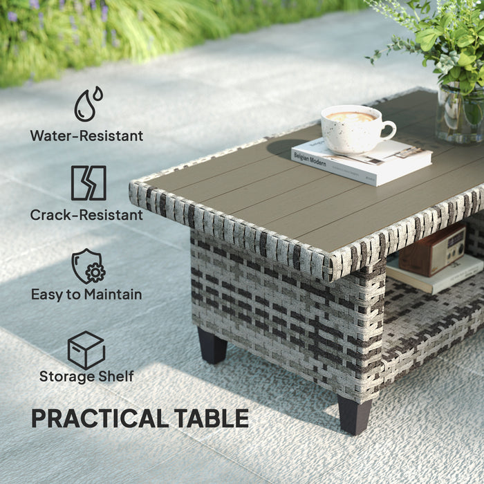 Outsunny 6 Pieces Rattan Garden Furniture Set, 5 Seater Wicker Outdoor Furniture Set with 2 Armchairs, Steel Frame Coffee Table and Cushions for Balcony, Porch, Light Grey