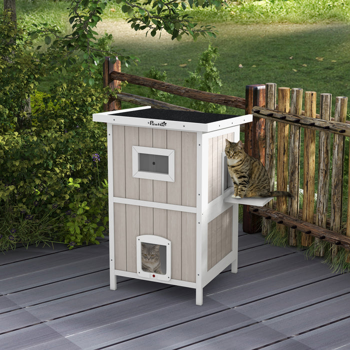 2-Tier Wooden Cat House with Asphalt Roof and Escape Doors - Weatherproof Outdoor Cat Shelter with Removable Floor - Ideal for 1 to 2 Cats, Light Grey