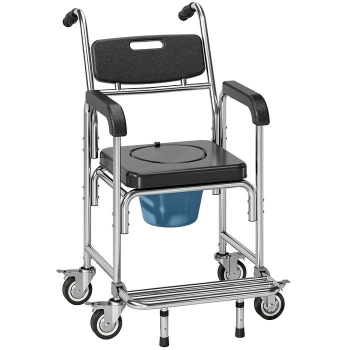 HOMCOM Transport Beside Shower Chair, 3-in-1 Commode Chair with Wheels and Padded Seat, Black
