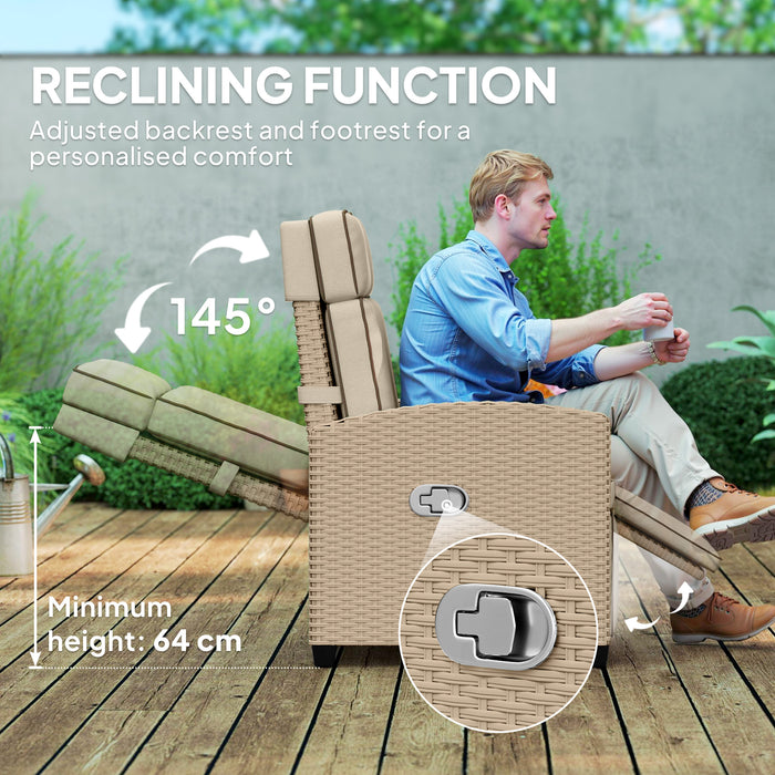 Outsunny Rattan Garden Recliner Chair, Adjustable Backrest Reclining Rattan Chair with Flip Table, Cushion and Footrest, Indoor Outdoor Lounge Reclining Sun Lounger for Patio, Yellow/Beige