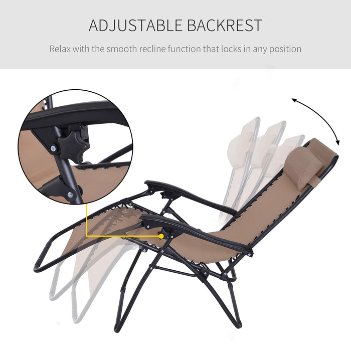 Outsunny Zero Gravity Chair Set of 2, Metal Frame Texteline Armchair Outdoor Folding and Reclining Sun Lounger with Head Pillow for Patio Decking Gardens Camping, Beige