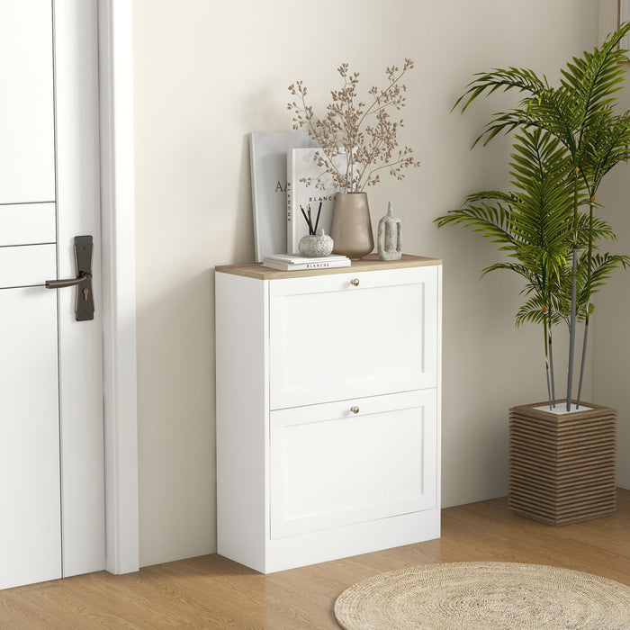 HOMCOM Narrow Shoe Cabinet with 2 Flip Drawers and Adjustable Shelves - White