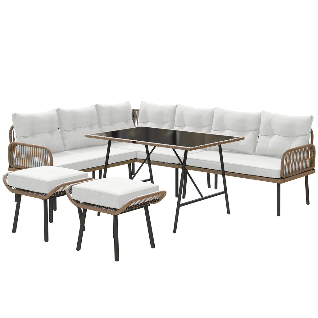 Outsunny 6 Piece Rattan Garden Furniture Set, 8 Seater Garden Corner Sofa with Cushions and Glass Top Table, Sectional Outdoor Furniture Conservatory Set for Patio, Cream White