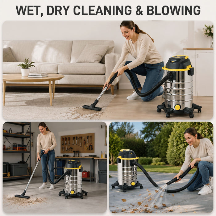 HOMCOM 1400W Vacuum Cleaner, 3-in-1 Wet and Dry Vacuum Cleaner with Blowing Mode and 30L Stainless Steel Tank, Silver Tone