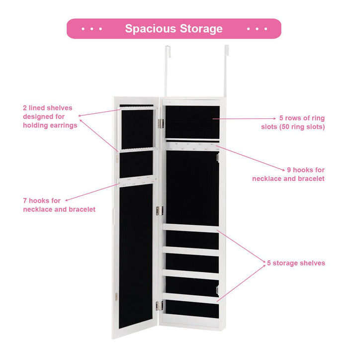 LED Wall and Door Mounted Storage - Full Length Mirror Jewelry Cabinet with Interior Lights - Ideal Solution for Organizing and Displaying Jewelry