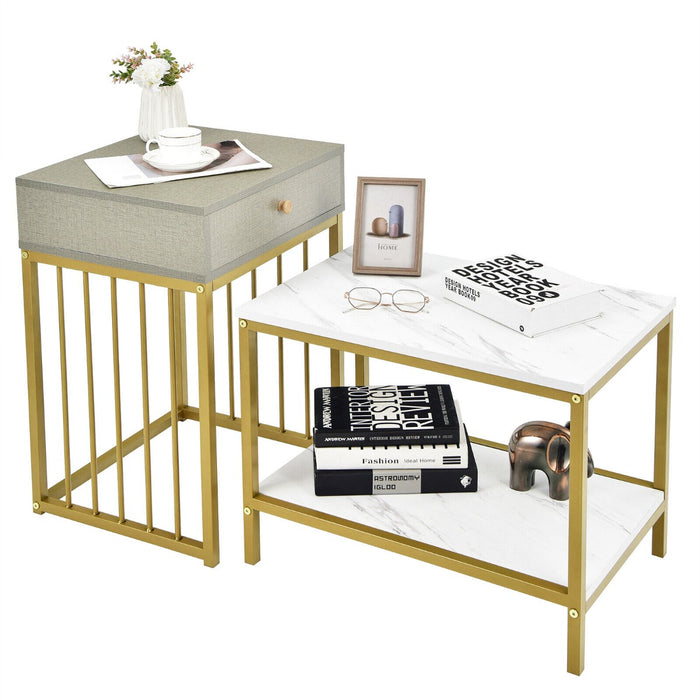 Set of 2 Modern Stackable Coffee Nesting Tables with Drawer Shelf-White &amp; Golden