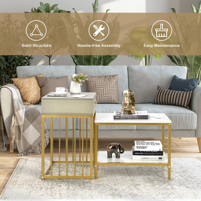 Set of 2 Modern Stackable Coffee Nesting Tables with Drawer Shelf-White &amp; Golden