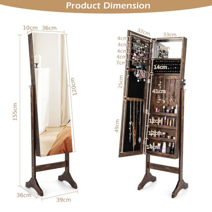 Freestanding Jewelry Cabinet with Hooks Full Length and Inner Mirror -White