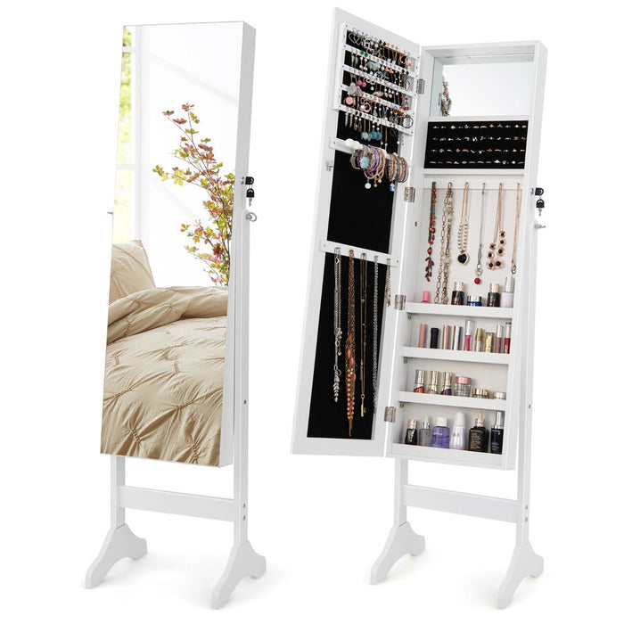 Freestanding Jewelry Cabinet with Hooks Full Length and Inner Mirror -White