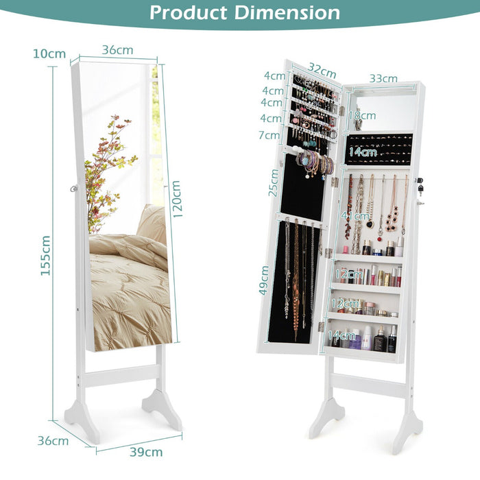 Freestanding Jewelry Cabinet with Hooks Full Length and Inner Mirror -White