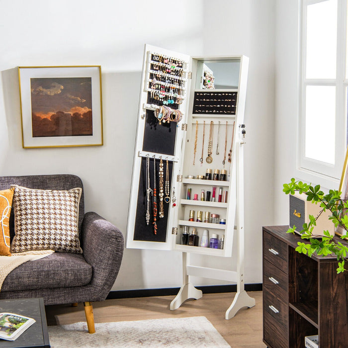 Freestanding Jewelry Cabinet with Hooks Full Length and Inner Mirror -White