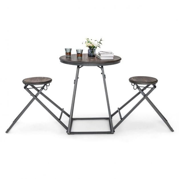 3-Piece Furniture Set - Round Grey Table and 2 Foldable Stools - Perfect Solution for Space Saving in Compact Rooms