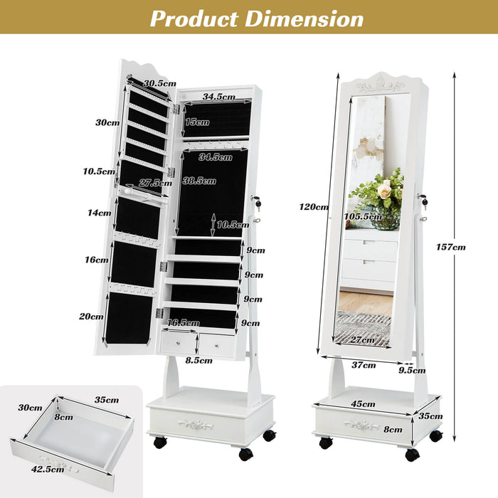 Mobile Jewelry Cabinet with Full Length Mirror and 6 LED Lights-White