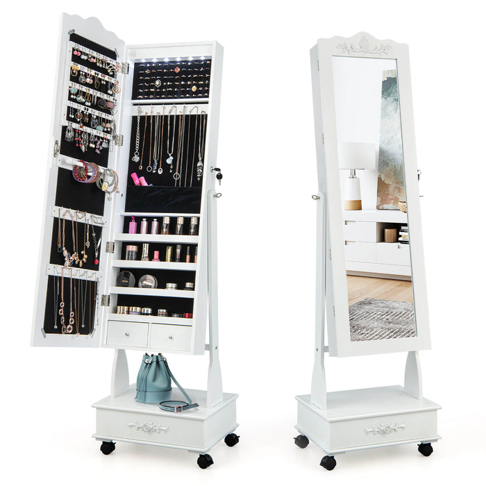 Mobile Jewelry Cabinet with Full Length Mirror and 6 LED Lights-White