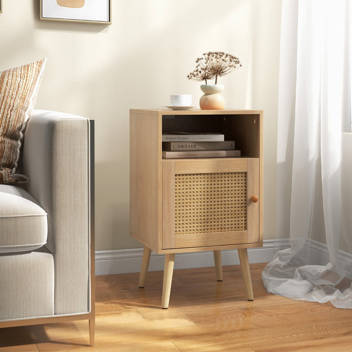 Rattan Nightstand - Storage Equipped, PE Rattan Decorated Door Feature - Ideal for Home Decor and Organization