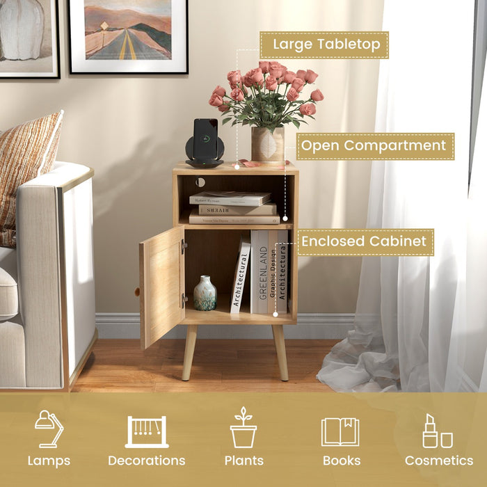 Rattan Nightstand - Storage Equipped, PE Rattan Decorated Door Feature - Ideal for Home Decor and Organization